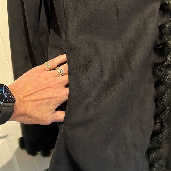 Jones New York Black Faux Suede‎ Real Rabbit Fur Trim Hooded Coat Size S - Picture 7 of 15